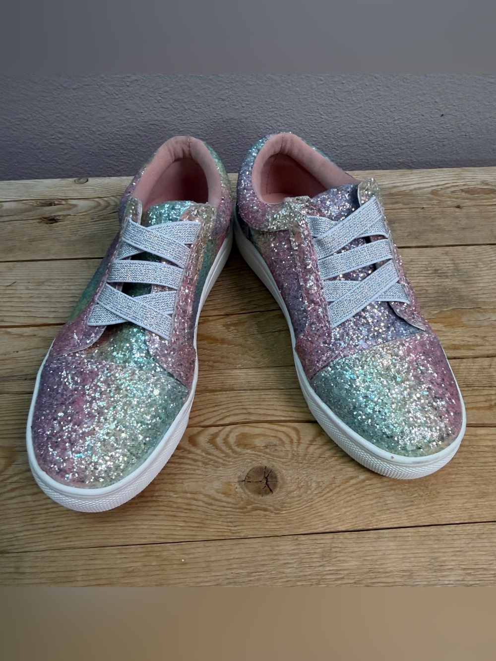 Kids Glitter Slip-On Sneakers in Pastel Pink & Mint